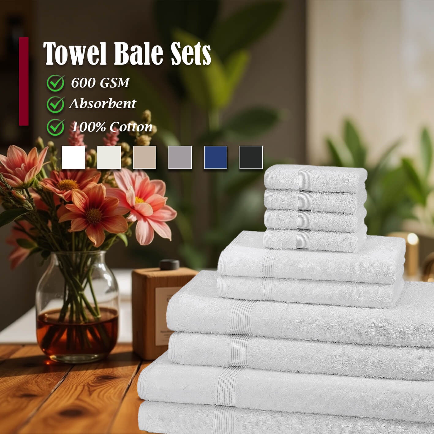 10 Piece 600GSM Towel Bale - 4 Face Cloths, 2 Hand Towels, 2 Bath Towels, 2 Bath Sheets